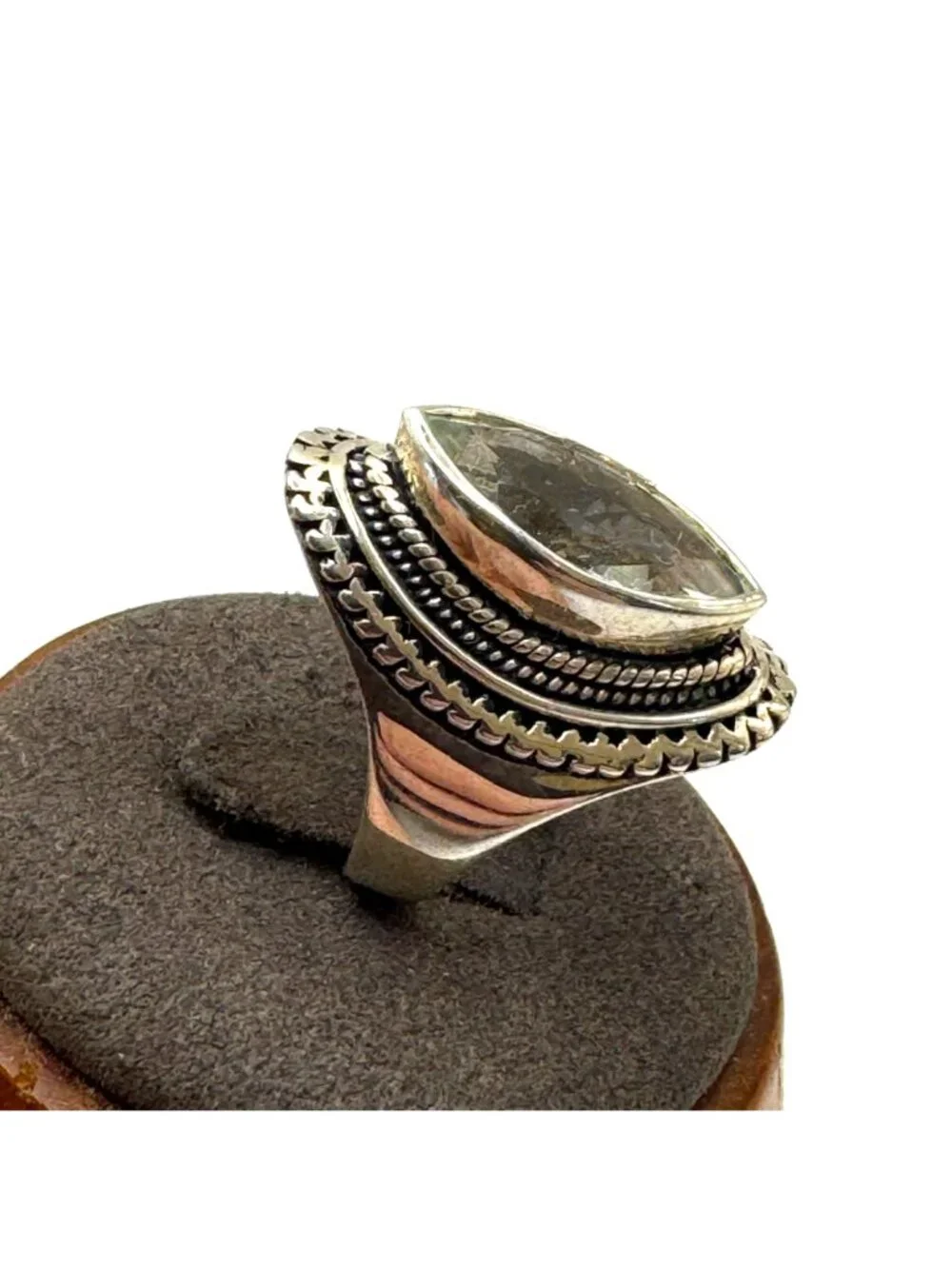 Marquise Pale Green Quartz Bezel Set Sterling Silver Statement Ring Size 7.75
